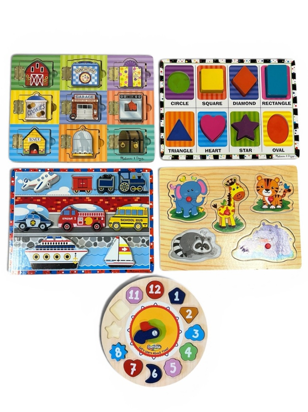 Wooden Puzzle Lot (5) Latches, Shapes, Vehicles, Animals, Clock INCOMPLETE